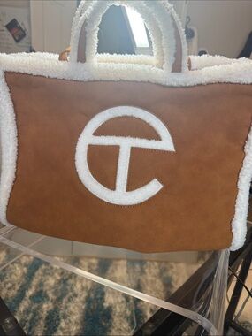 Telfar Chestnut Tote with White Shearling Logo Trim
